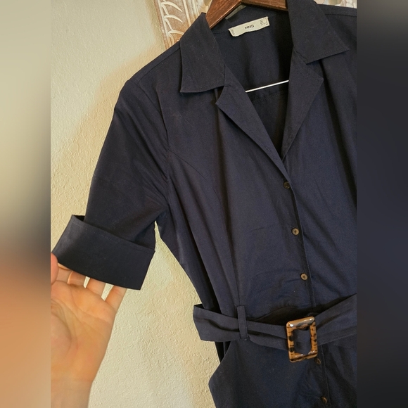 Mango Women’s Shirt Belted Button Up Navy Blue Midi Dress 8 - Picture 4 of 9